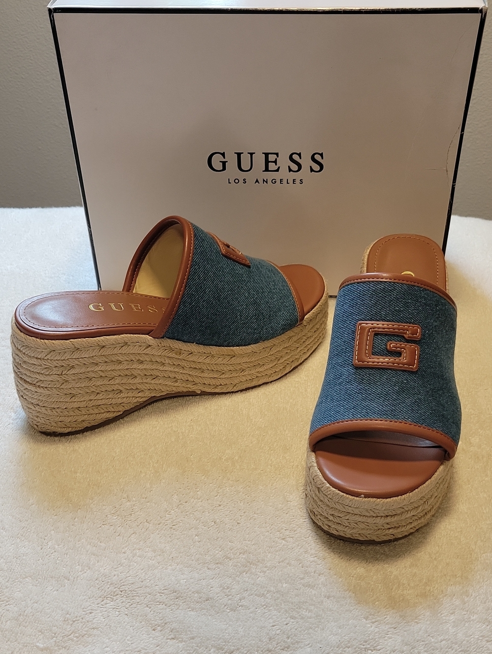 GUESS "Zakki" Blue Denim One Band Logo Espadrille Wedge Slide, NIB